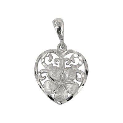 14Kt White Gold Hawaiian 12mm Plumeria Heart Pendant