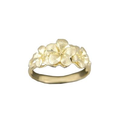 14kt Yellow Gold Triple Hawaiian Plumeria Flowers Ring (M)