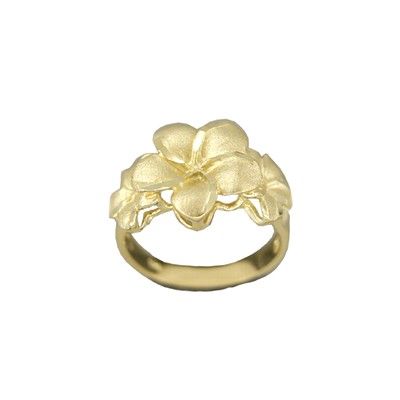 14kt Yellow Gold Triple Hawaiian Plumeria Flowers Ring (L)