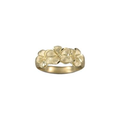 14kt Yellow Gold Triple 6mm Hawaiian Plumeria Flowers Ring 