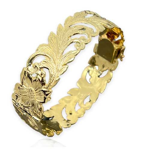 14KT Gold Hawaiian 18mm Princess Cut-out Bangle with Box Clasp and Hinge