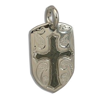 Fine Engraved Sterling Silver Hawaiian Black Cross with Shield Shaped Pendant
