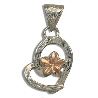 Fine Engraved Sterling Silver Rose Gold Coated Plumeria with Heart Shaped Pendant