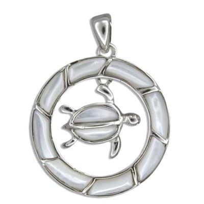 Sterling Silver Hawaiian White MOP Honu in Circle Pendant