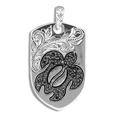 Engraved Sterling Silver Men's Black CZ Hawaiian HONU with Shield Shaped Pendant