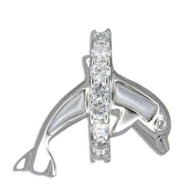 Sterling Silver Jumping Whtie MOP Dolphin and Hawaiian CZ Leis Pendant