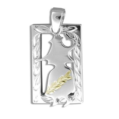 Sterling Silver Yellow Gold Coated Kahiko Hand-Carved Open Frame with Hula Dancer Pendant