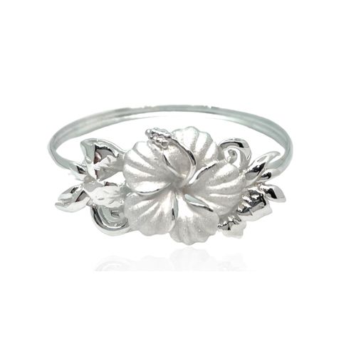 Sterling Silver Single Hawaiian Hibiscus Design Bangle with Open Clasp