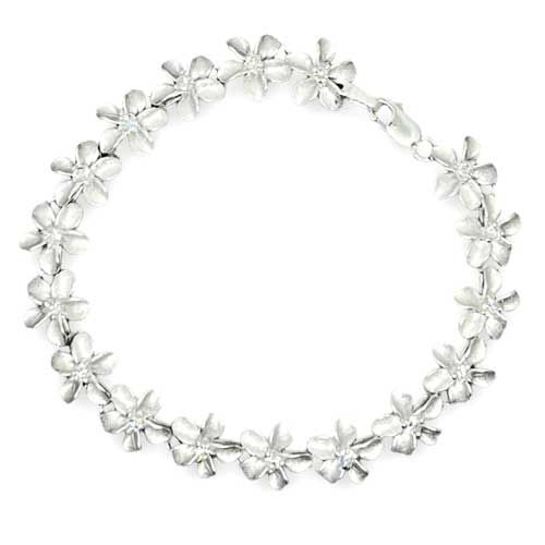 Sterling Silver 11MM Hawaiian Plumeria with Clear CZ Design Bracelet