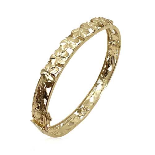 14KT Gold Hawaiian 8mm Cut-in Seven Plumeria Scrolled Bangle with Box Clasp and Hinge