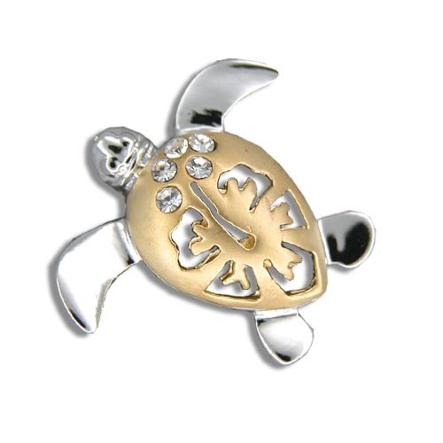 14kt Yellow Gold Diamond Hawaiian Hibiscus Honu Pendant (L) 