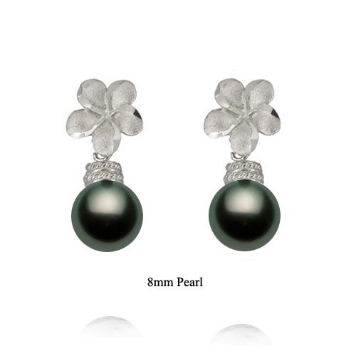 14KT Yellow Gold Hawaiian 10mm Plumeria Tahitian Black Pearl Earrings