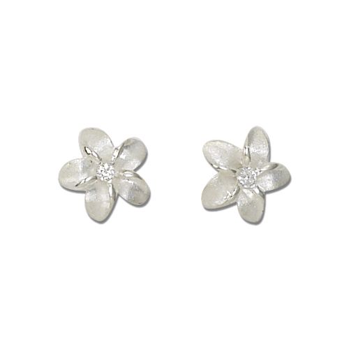 Sterling Silver 12MM White Sand Plumeria with Clear CZ Earrings