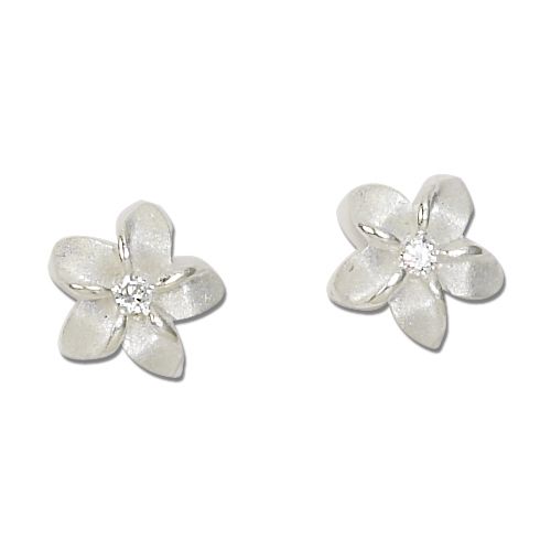 Sterling Silver 15MM White Sand Plumeria with Clear CZ Earrings