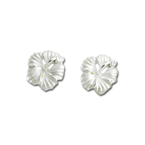 Sterling Silver Hibiscus Flower Stud Earrings with White sand Finish