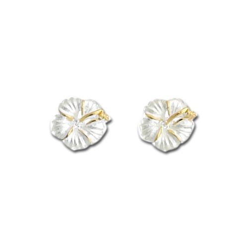 Sterling Silver Two Toned 12mm Hibiscus Flower Post Earrings