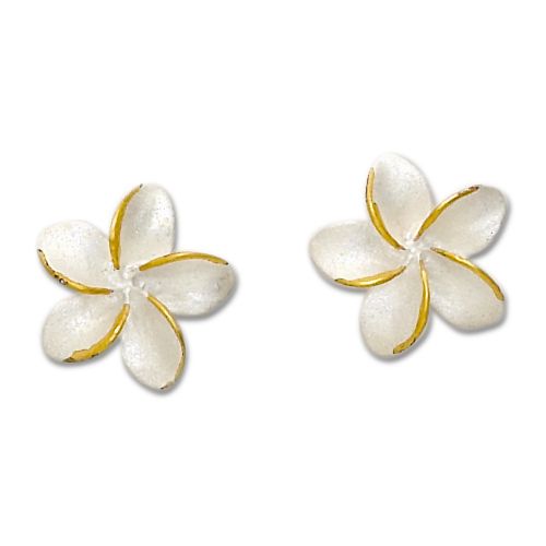 sterling Silver Light Weight 2 Toned White Sand 15mm Plumeria Stud Earrings