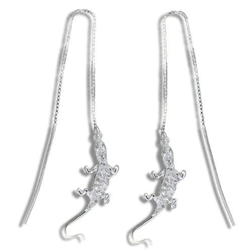 Sterling Silver White Sand Hawaiian Gecko with Clear CZ Long Chain Earrings