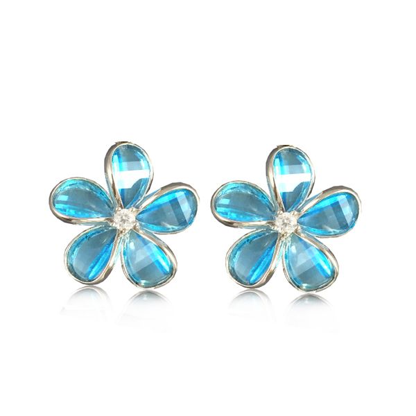 Sterling Silver 15MM Hawaiian Plumeria with Semi-Precious Blue Topaz Post Earrings