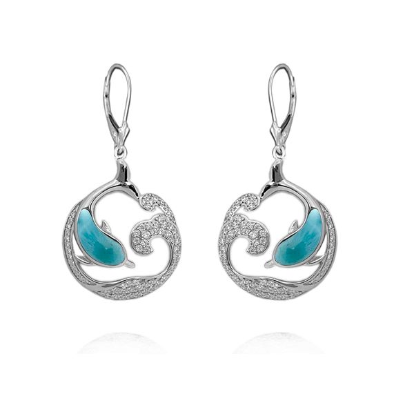 Sterling Silver Genuine Larimar Dolphin in CZ Wave Circle Lever Back Earrings