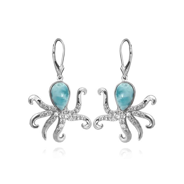 Sterling Silver Genuine Larimar Octopus CZ Lever Back Earrings
