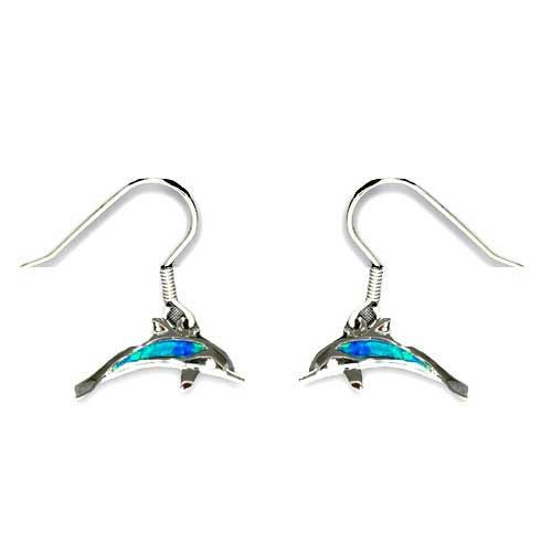 Sterling Silver Blue Opal Hawaiian Dolphin Fish Wire Earrings