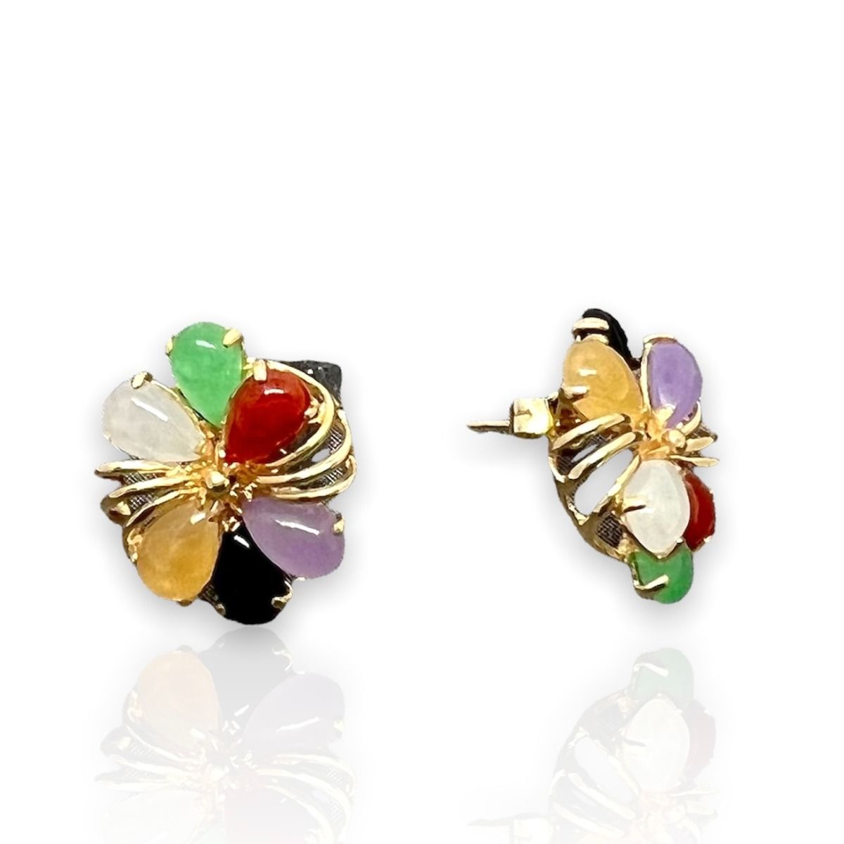 14KT Yellow Gold Fancy Six-Petal Plumeria with Mixed Color  Jade Earrings