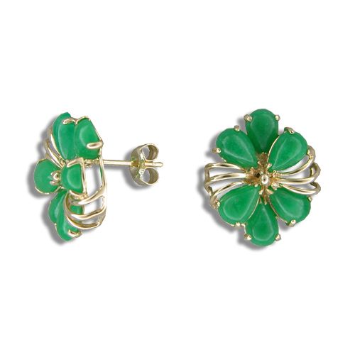 14KT Yellow Gold Fancy Six-Petal Plumeria with Green Jade Earrings