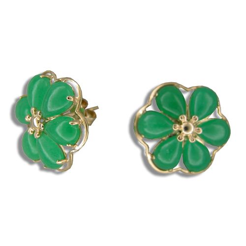 14KT Yellow Gold Six-Petal Plumeria with Green Jade Earrings