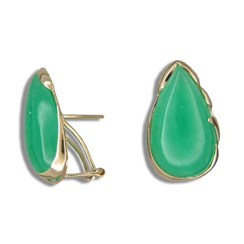 14KT Yellow Gold Green Jade Tear Drop French Clip Earrings