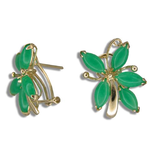 14KT Yellow Gold Green Jade 5 Petals Flower French Clip Earrings