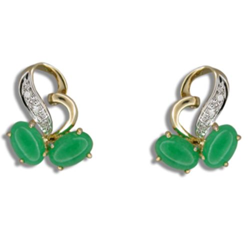 14KT Yellow Gold Heart and Cherry Shaped Green Jade with Diamond Post Earrings