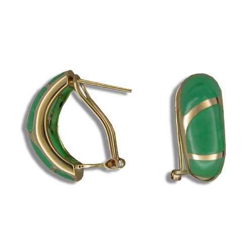 14KT Yellow Gold Half-Hoop Green Jade French Clip Earrings