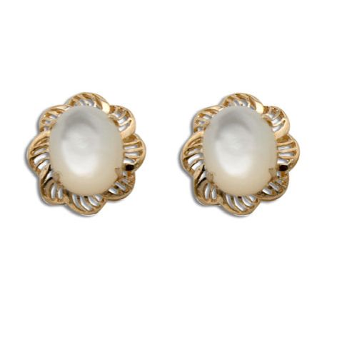 14KT Yellow Gold Cut-Out Flower Design with Oval Shaped MOP (Mother of Pearl Shell) Earrings