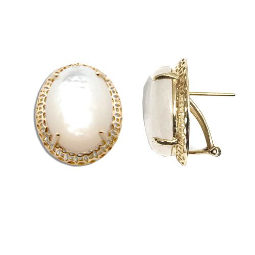 14KT Yellow Gold Cut-In Chinese Pattern Design with Oval Shaped Mother of Pearl French Clip Earrings 
