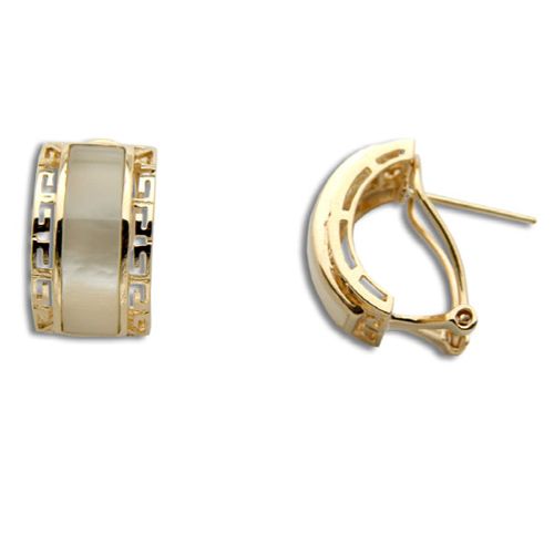 14KT Yellow Gold Cut In Chinese Pattern with MOP (Mother of Pearl Shell) Half-Hoop French Clip Earrings