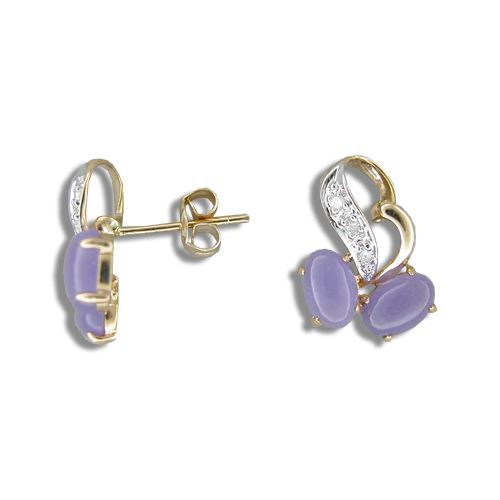 14KT Yellow Gold Heart and Cherry Shaped Purple Jade with Diamond Post Earrings