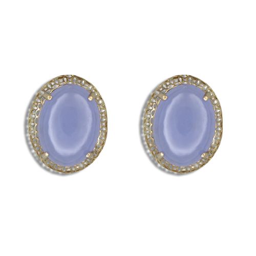 14KT Yellow Gold Cut-In Chinese Pattern Design with Oval Shaped Purple Jade Earrings 