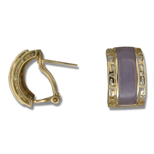 14KT Yellow Gold Cut In Chinese Pattern with Purple Jade Half-Hoop French Clip Earrings