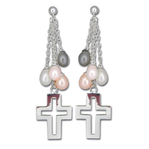 Sterling Silver Dangling Cross with Mixed-Color Fresh Water Pearl Post Earrings 