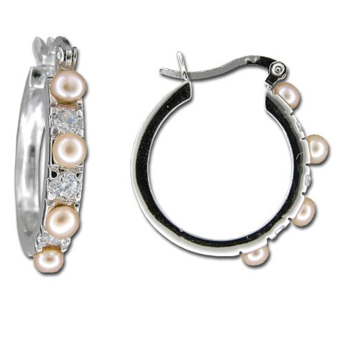 Sterling Silver Hoop with Peach Fresh Water Pearl and Clear CZ Post Earrings