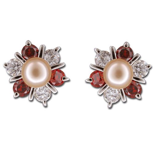 Sterling Silver 6 Petals Flower with CZ and Peach Fresh Water Pearl Post Earrings