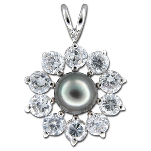 Sterling Silver Fresh Water Pearl with Clear CZ Elegant Sunflower Design Pendant