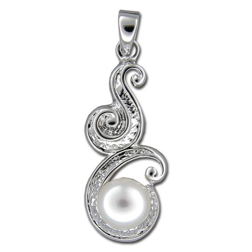 Sterling Silver Cut Out Scroll with Fresh Water Pearl Pendant 