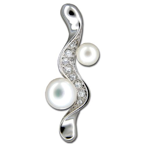 Sterling Silver Swirl with CZ and Double Fresh Water Pearl Pendant