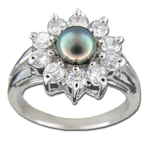 Sterling Silver Fresh Water Pearl with Clear CZ Elegant Sunflower Design Ring
