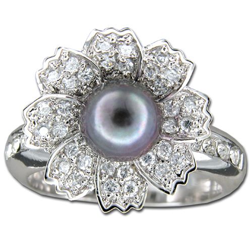 Sterling Silver 8 Petals Flower with CZ and Fresh Water Pearl Ring 