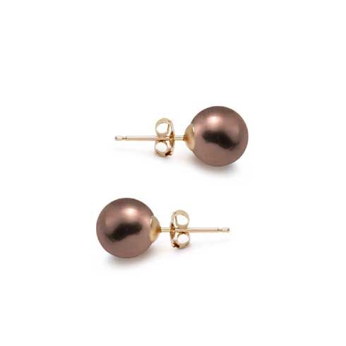 14KT Yellow Gold AAA Round Chocolate Pearl Stud Earrings