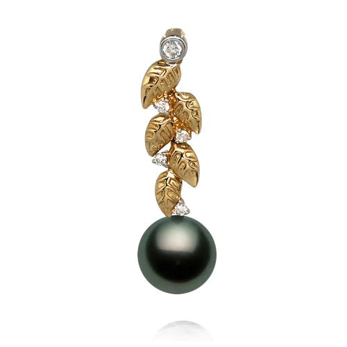 14KT Yellow Gold Maile Leaves Design Tahitian Pearl with Diamond Drop Pendant