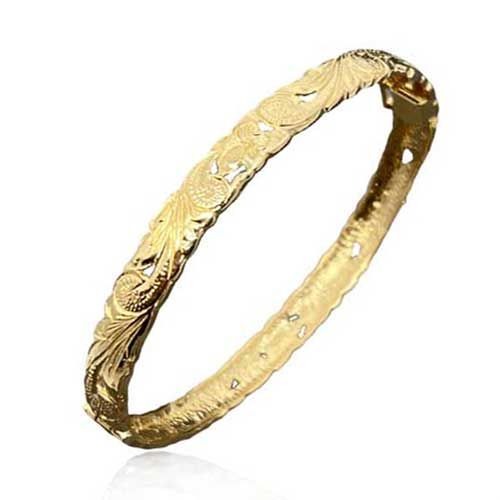 14KT Gold Hawaiian 8mm Cut-Out Plumeria Scrolled Bangle with Box Clasp and Hinge
